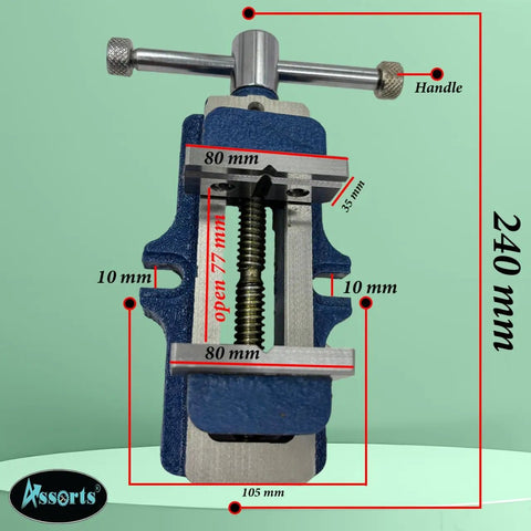 80mm Jaw Width Self Centering Vise With Fixed Base Built Tough Cast Iron Body Blue Finish shown with dimensions and handle measurements