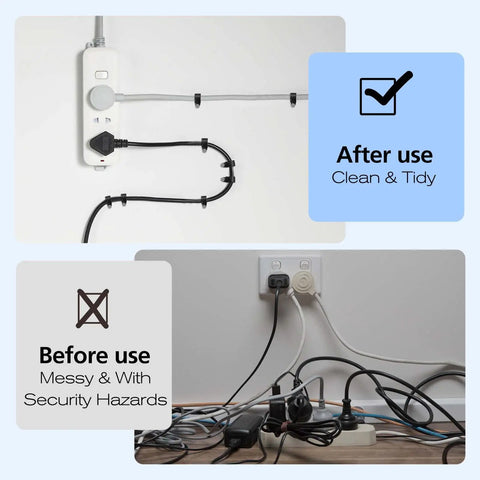 Comparison of messy wire setup before and tidy cable management after using 500 Pack Cable Clips With Steel Nails In 4mm 5mm 6mm 8mm 10mm Nail In Wall Mount Cable Management Clips For USB Ethernet Power Wires Home Office TV Computer Easy Install No Fuss.