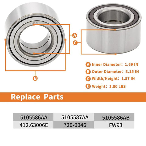 Diagram of Front Wheel Hub Bearing Assembly Replacement dimensions and part numbers.