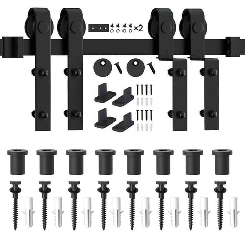 Heavy Duty Barn Door Hardware Kit For Double Bypass Doors 10Ft Single Track With Antique Roller Fits 65 Inch Wide Doors Tough As Nails Smooth Sliding Premium Carbon Steel Rail Anti Scratch Black Powder Coat Finish components