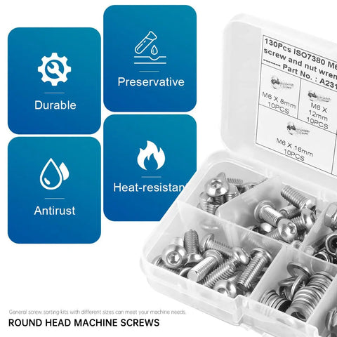 Stainless Steel 304 Heavy Duty Round Head Hex Screws Bolts Nuts Kit 130 Piece Assortment in plastic organizer box