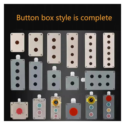 CAARLA push button switch control boxes; assortment of aluminium enclosures with 22mm holes (multiple sizes).