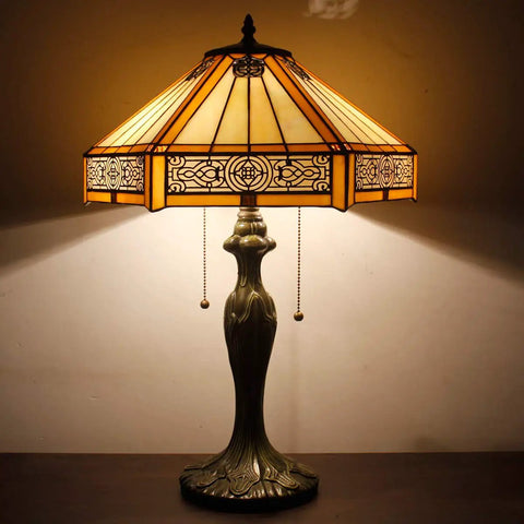 Tiffany Hexagon Yellow Stained Glass Table Lamp In Mission Style With Zinc Bronze Base, 16 Inch Shade