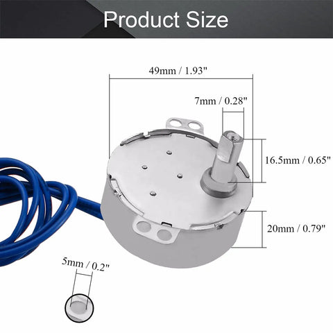 110V Synchronous Turntable Motor 2.5 to 3 RPM 4W CW CCW Direction with 7mm shaft and 49.8mm diameter shown with measurements.