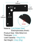 Diagram of 10 Pack Black Flat Corner Brace 4x4 Inches L Shaped Stealth Speed Mending Plate showing dimensions and features.