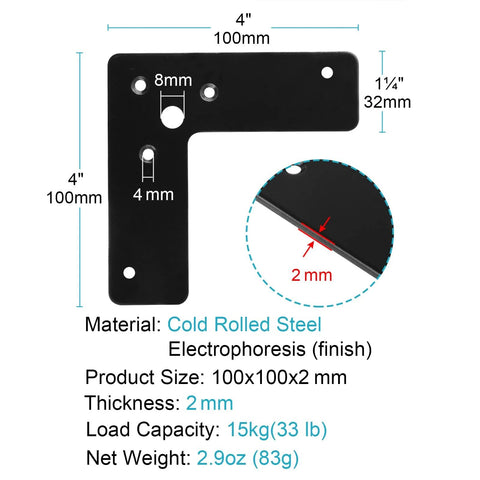 Diagram of 10 Pack Black Flat Corner Brace 4x4 Inches L Shaped Stealth Speed Mending Plate showing dimensions and features.