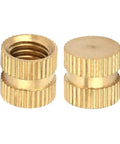 Close-up of two brass knurled inserts from 100 Piece M3 Brass Knurled Threaded Insert Nuts Set for plastic and 3D printing.
