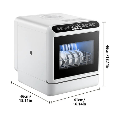 Compact Countertop Dishwasher With No Fuss Setup And 360 Degree Spray For Straight Up Clean Dishes featuring a white exterior and interior with plates.