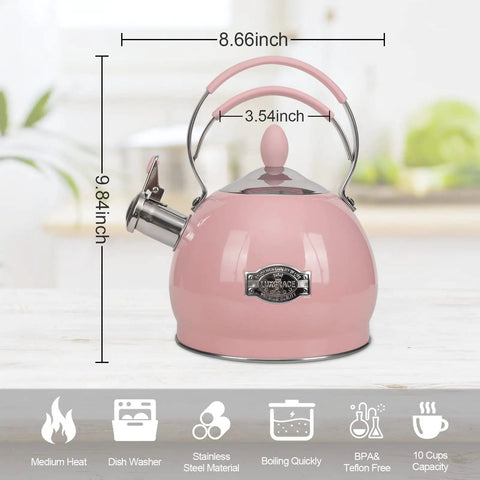 Pink Stainless Steel Whistling Tea Kettle for Stovetop and Induction, 2.6 Quart Teakettle with Ergonomic Handle, rustproof design