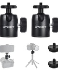 Two Pack Universal One Quarter Inch Swivel Mini Ball Head Tripod Mounts With Three Eighths Inch Converter And Removable Quarter Inch Hot Shoe, black