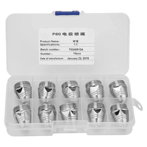 Premium P80 Plasma Cutting Consumables Set With 10 Durable Nozzle Tips For Air Plasma Machines, 1.1mm nozzles in case.