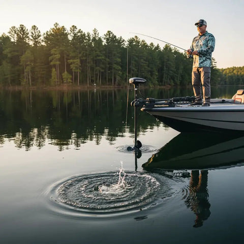 Fisherman using 3-Blade Trolling Motor Propeller Replacement For MGA089B High Thrust Low Draft Shallow Water Prop Kit on lake.