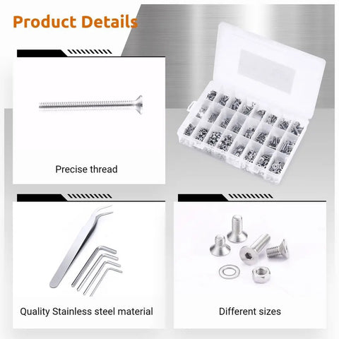 Solid 304 Grade Stainless Steel 1230 Piece Hardware Toolbox Kit Featuring Hex Socket Screws Nuts Bolts Washers With Allen Keys For Heavy Duty Home Decor Furniture Build Plumbing Repairs Total Badass Gear For Any Tough DIY Job, assorted stainless fasteners and Allen keys