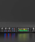 Next Gen 28x32 USB3 Audio Interface with 24-bit RGB Display and real-time metering on studio desk with headphones and laptop