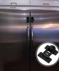 Four Pack Kidproof Safety Locks For Cabinets And Ovens shown on a stainless steel fridge with close-up inset of plastic latch
