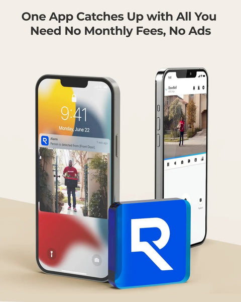 App interface showing 2K PoE Doorbell Camera With Chime V2 notifications and video feed on smartphones, no monthly fees.