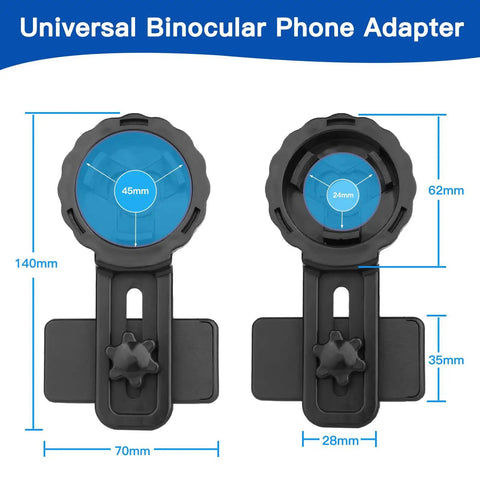 Smartphone Telescope Adapter Mount For 16 To 50mm Eyepieces Universal Clip On Attachment with dimensions and ABS design