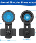 Universal Binocular Phone Adapter with 360-degree rotation, high-strength clamp, measures 70mm, fits 16-50mm eyepieces.