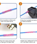 Heat-shrink butt connector prep on blue 16-14 AWG wire; pink splice sleeve close-up
Heat-shrink butt connector being crimped onto blue 16-14 AWG wire
Pink heat-shrink butt connector on blue wire heated with a heat gun
Finished blue wire with pink heat-shrink butt connector; waterproof marine splice