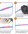 Steps showing installation of 1,000 Pcs Heat Shrink Butt Connectors 16-14 AWG Waterproof Crimp Wire Splice Kit with solderless tin copper core.