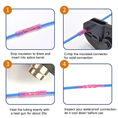 Steps showing installation of 1,000 Pcs Heat Shrink Butt Connectors 16-14 AWG Waterproof Crimp Wire Splice Kit with solderless tin copper core.