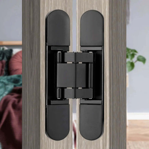2 Pack Hidden Door Hinges 180 Degree Swing Heavy Duty 265 Lb Load Bearing For Seamless Cabinet Doors And Hidden Bookcase Doors 9.45 Inch Zinc Alloy Black installed view