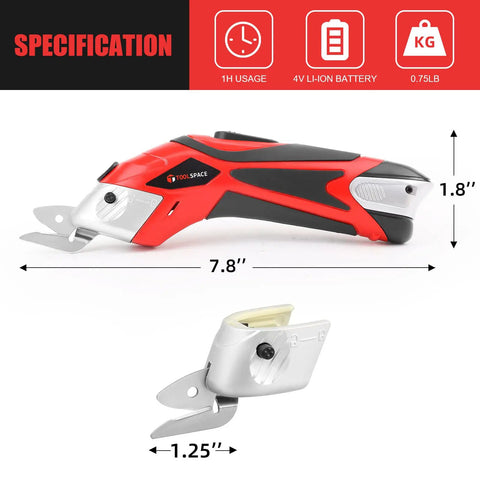 Totally Rad Toolspace Cordless Electric Scissors With Dual Blades for Cutting cardboard and fabric, measuring 7.8 inches long.