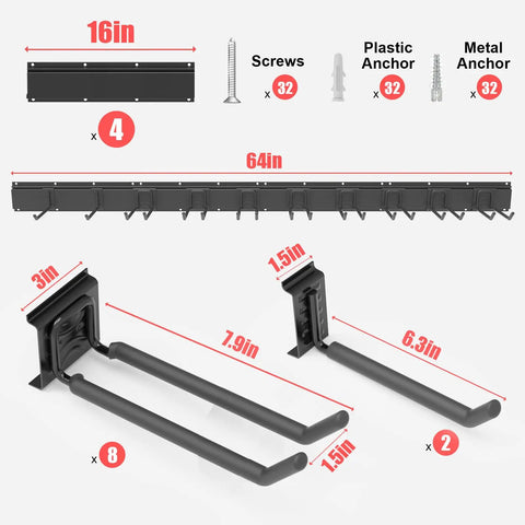 Wall Mounted Garage Tool Organizer System With 64 Inch Heavy Duty Rack And Wall Storage dimensions and components view