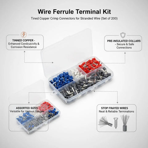 Top Shelf 200 Piece Wire Ferrule Kit With Tinned Copper Crimp Connectors For Stranded Wires And Assorted Pre Insulated Electrical Tube Terminals Plus Durable Storage Box For Secure Reliable Connections, open case
