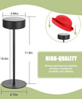 Black sturdy metal hat stand for desk or shelf, dimensions labeled, durable display for caps, fedoras, and cowboy hats.