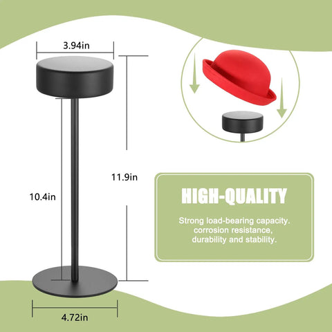 Black sturdy metal hat stand for desk or shelf, dimensions labeled, durable display for caps, fedoras, and cowboy hats.