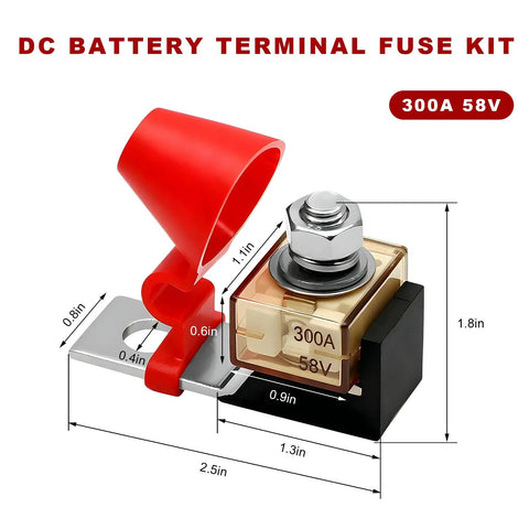 Heavy Duty Waterproof Fuse Block Rated 300 Amp 58 DC With M8 Single Stud Connector displayed with dimensions on a white background.