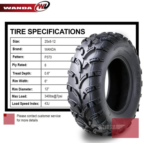 Heavy Duty 6 Ply Mud Tires for ATV UTV 25x8x12 Set of 2 With Deep Lug Tread 0.6 Inch Depth 6 Inch Rim Width Max Load 340 Lbs at 7 PSI Fast Acceleration and Braking on Mud and Rough Terrain.
