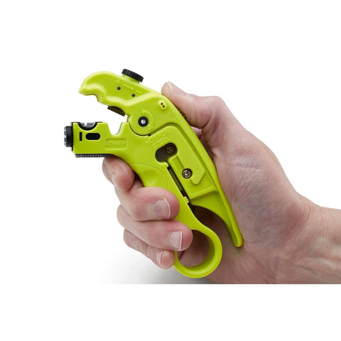 Hand holding Pro Grade Wire Stripping And Cutting Tool For Ethernet Cabling And Coax Adjustable Blade Depth Durable ABS Build Ergonomic Grip