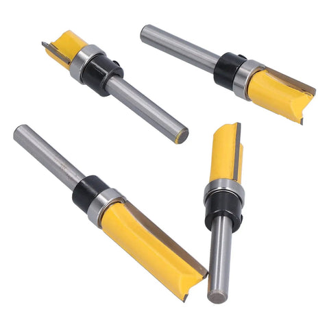 Premium Trim Router Bit Kit With 2 Conventional Blades For Flawless Flush Cuts And Precision Tenon Trimming on four wood router bits.
