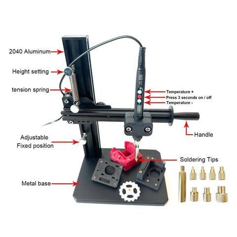 Heat Set Insert Tool Kit With 370 Brass Threaded Inserts For 3D Printing Includes M2 M3 M4 M5 M6 M8 Sizes And Knurled Nut Tips DIY Friendly For Fast Easy Strong Joints In Durable Builds B0CNWJR455 showing adjustable metal base and soldering tips.