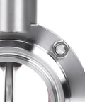 Close-up of a 2-inch stainless steel tri-clamp sanitary butterfly valve clamp ring with bolt