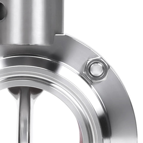 Close-up of a 2-inch stainless steel tri-clamp sanitary butterfly valve clamp ring with bolt