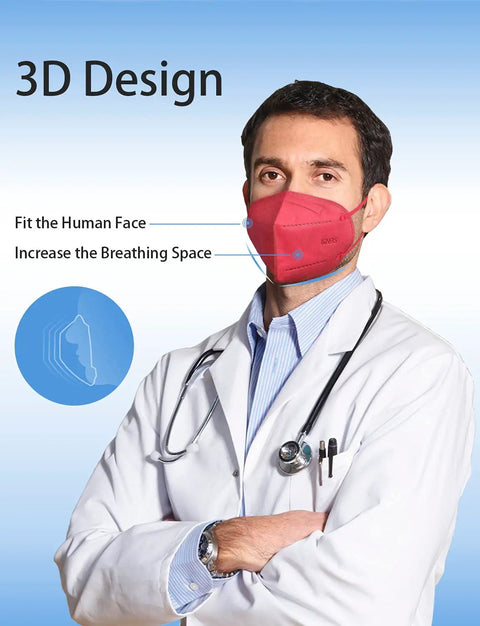 Doctor wearing red KN95 mask, showing 3D design and comfort fit for 60 Packs KN95 Face Masks For Adults, 5 Layer Safety Mask