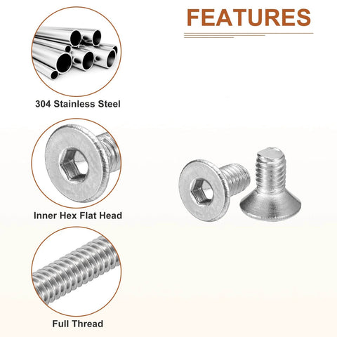 M3 Socket Cap Screws 0.5 x 6mm Flat Head, 100 Pack, 304 Stainless Steel, Full Thread Countersunk Bolts With Hex Drive, features image