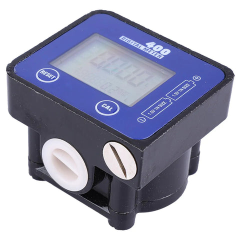 High Accuracy Fuel Flow Meter With LCD Display For Gasoline Kerosene Engine Oil And Water Flow Rates In A One Half Inch Inlet Outlet Aluminum Alloy Digital Flow Sensor showing digital screen and inlet