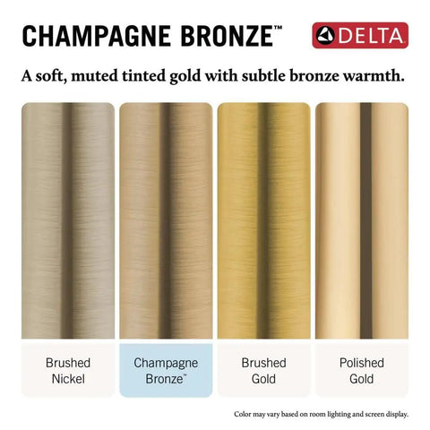 Color sample chart showing Brushed Nickel, Champagne Bronze, Brushed Gold, and Polished Gold finishes with Delta logo.