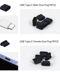 Ultimate USB Port Dust Plug Kit With 30 Silicone Caps for USB Type C ports, showing 5 black male and female dust plugs.