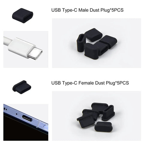 Ultimate USB Port Dust Plug Kit With 30 Silicone Caps for USB Type C ports, showing 5 black male and female dust plugs.