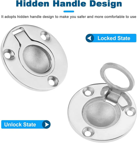 50mm Round Stainless Steel Flush Pull Ring Latch For Boats, Deck Recessed Lift Ring Handle in locked and unlocked states