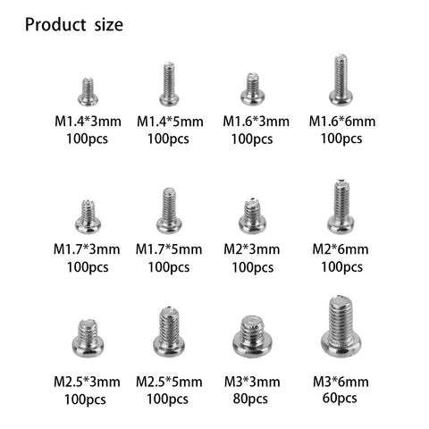 Heavy Duty 1140 Pc Assortment Kit Of Micro Screws For Electronics And Computer Repair Featuring M1.4 Through M3 Round Head Options crafted from rust resistant carbon steel assorted sizes.