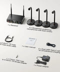4 Channel UHF Wireless Conference Microphone System With 4 Gooseneck Mics Up To 200 Feet Range Crystal Clear 24 Bit Audio For Lecture Church Meetings And Public Speaking With No Fuss Setup components including receiver, gooseneck mics, cables, and adapter.