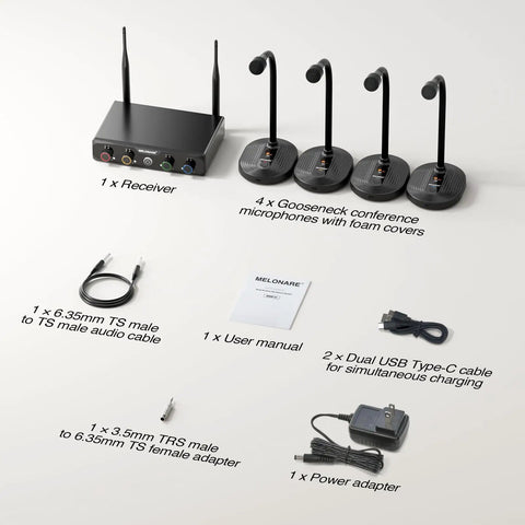 4 Channel UHF Wireless Conference Microphone System With 4 Gooseneck Mics Up To 200 Feet Range Crystal Clear 24 Bit Audio For Lecture Church Meetings And Public Speaking With No Fuss Setup components including receiver, gooseneck mics, cables, and adapter.