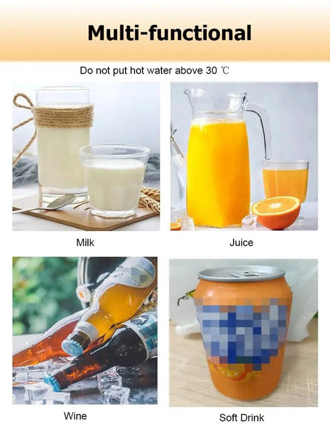 Image showing various drinks: milk, orange juice, wine bottles on ice, and a canned soft drink on a table.