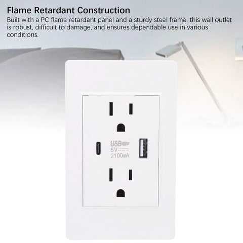 No Snags Heavy Duty Usb And Type C Wall Outlet With 15A Flame Retardant Receptacle for home office dorm, featuring USB ports.